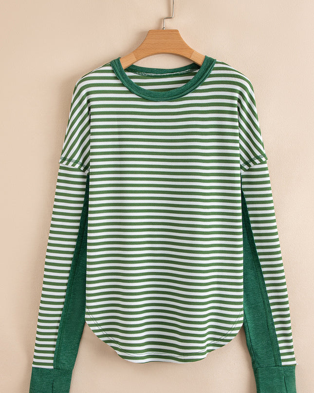 Green Striped Patchwork Knit Drop Shoulder Top