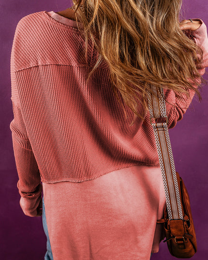 Mineral Red Waffle Knit Patchwork Exposed Seam Long Sleeve Top