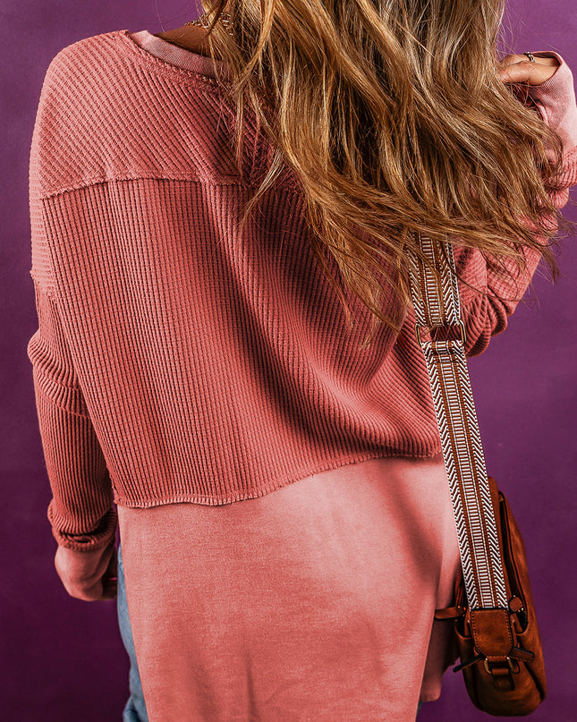 Mineral Red Waffle Knit Patchwork Exposed Seam Long Sleeve Top