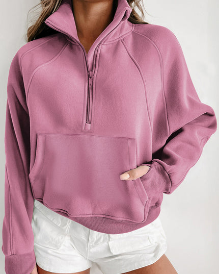 Black Zip Up Stand Collar Ribbed Thumbhole Sleeve Sweatshirt