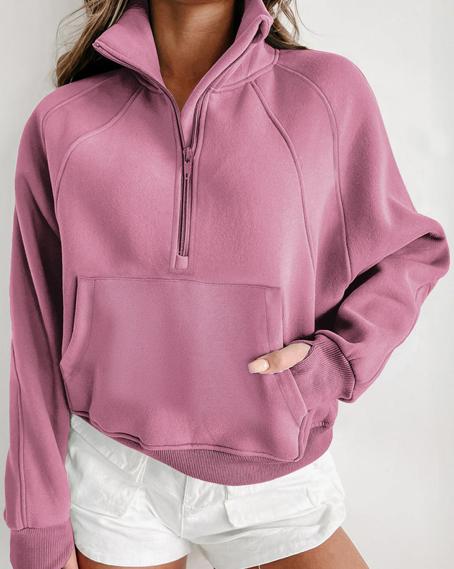 Black Zip Up Stand Collar Ribbed Thumbhole Sleeve Sweatshirt