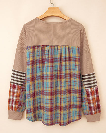 Straw Yellow Waffle Stripe Plaid Patchwork Henley Top