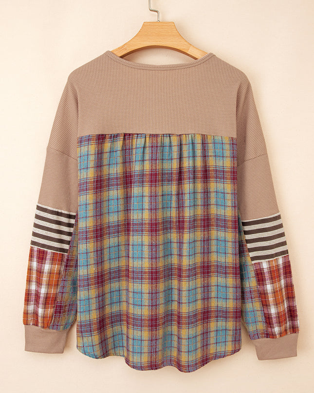 Straw Yellow Waffle Stripe Plaid Patchwork Henley Top