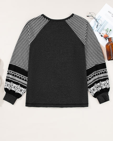 Rose Red Contrast Print Striped Raglan Long Sleeve Loose Top