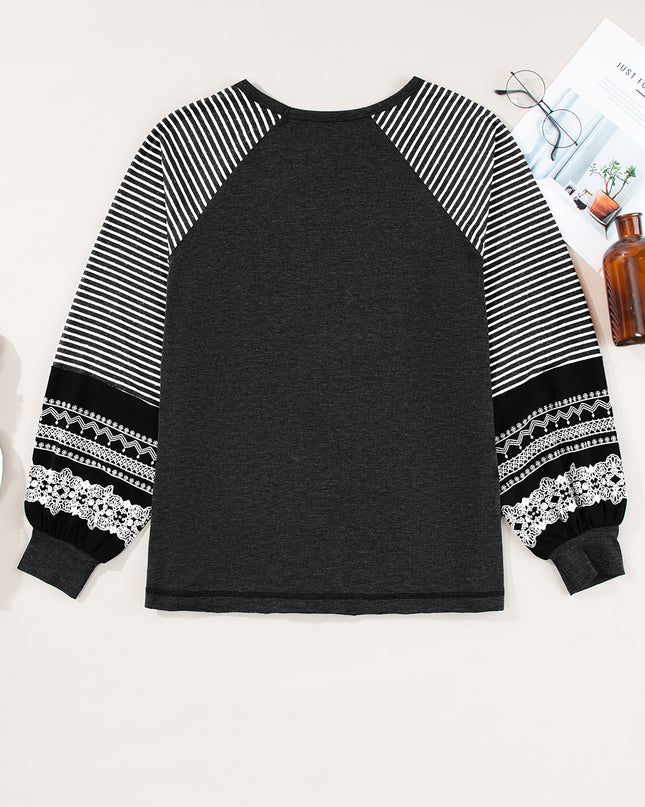 Rose Red Contrast Print Striped Raglan Long Sleeve Loose Top