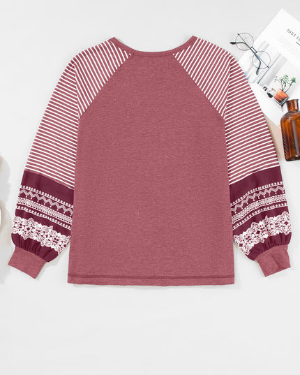 Rose Red Contrast Print Striped Raglan Long Sleeve Loose Top