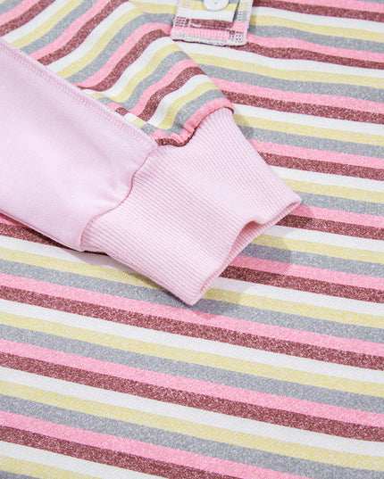 Pink Striped Patchwork Button V Neck Pullover Sweatshirt