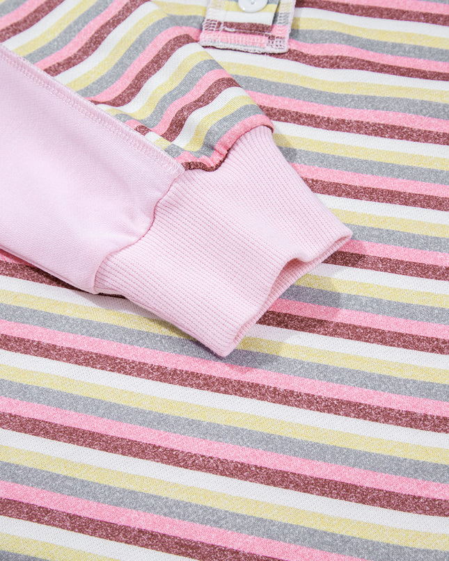 Pink Striped Patchwork Button V Neck Pullover Sweatshirt