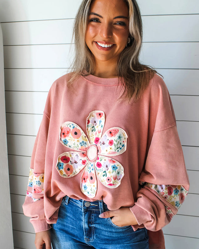 Peach Blossom Flower Applique Patchwork Drop Sleeve Pullover Sweatshirt