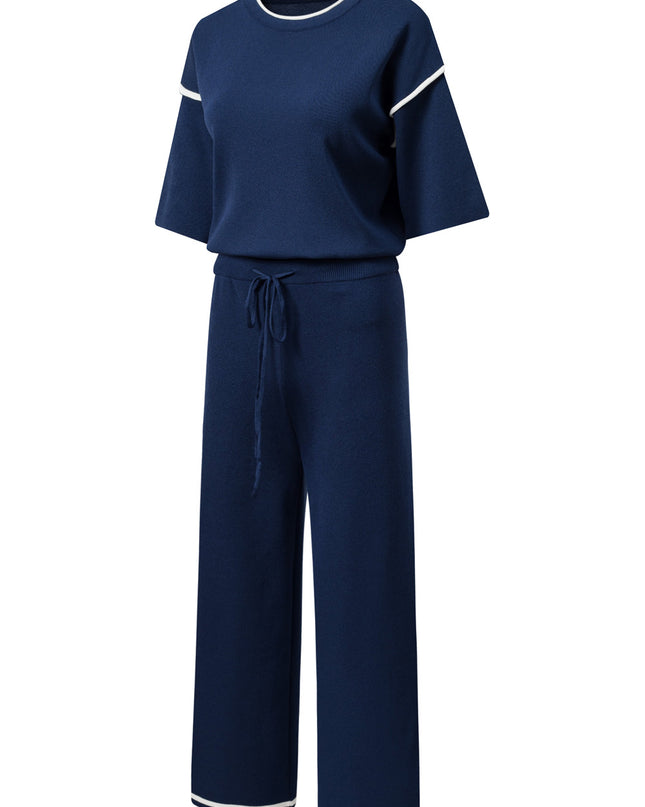 Navy Blue Loose Contrast Trim Half Sleeve Top and Drawstring Pants Set