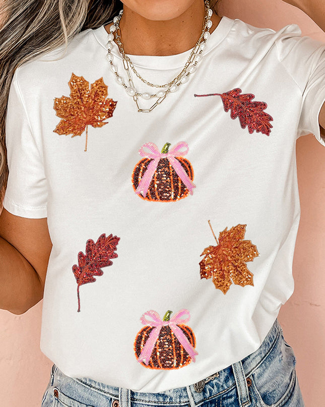 White Sequined Pumpkin Leaves Fall Vibe Graphic T Shirt