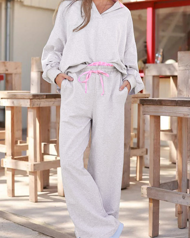 Light Grey Stripe Patchwork Loose Long Sleeve Top Drawstring Waist Pants Set