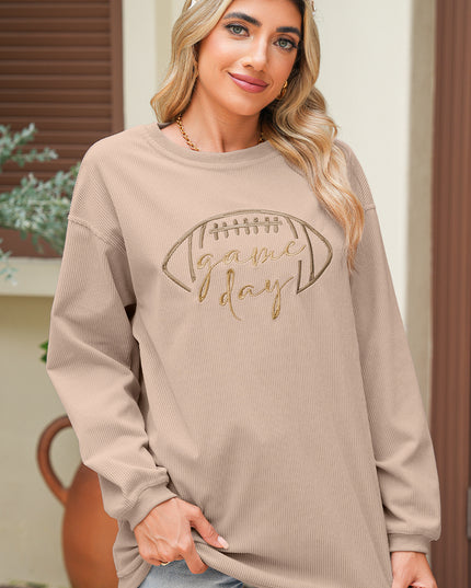 Dark Blue Football Graphic Drop Shoulder Game Day Corded Sweatshirt
