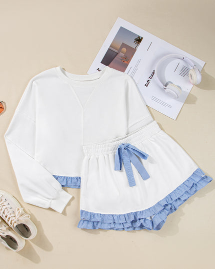 White Striped Ruffle Hem Long Sleeve Pullover and Shorts Set