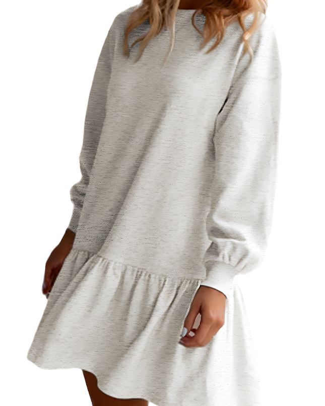 White Solid Color Ruffle Hem Mini Sweatshirt Dress