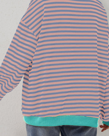 Blue Striped Contrast Trim Drop Shoulder Sweatshirt