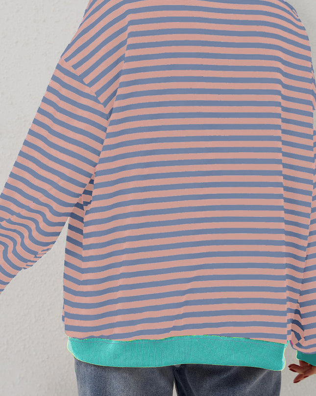 Blue Striped Contrast Trim Drop Shoulder Sweatshirt