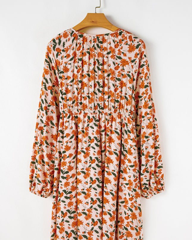 Beige Floral Smocked V Neck Bubble Sleeve Babydoll Dress