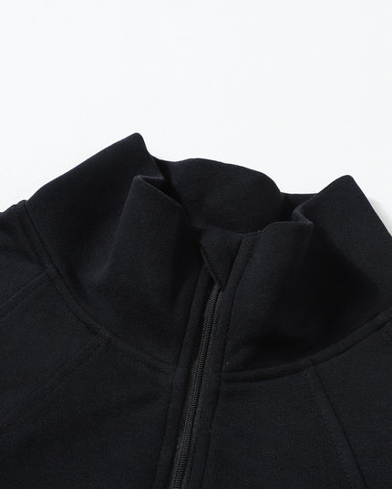 Black Zip Up Stand Collar Ribbed Thumbhole Sleeve Sweatshirt