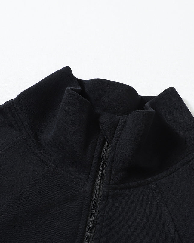 Black Zip Up Stand Collar Ribbed Thumbhole Sleeve Sweatshirt