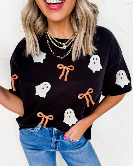 Black Sequin Bow Ghost Patched Halloween Graphic Tee