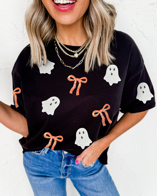 Black Sequin Bow Ghost Patched Halloween Graphic Tee