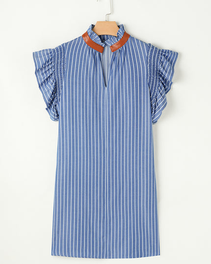 Sky Blue Stripe Frilly Split Neck Shirred Ruffle Sleeve Mini Shift Dress