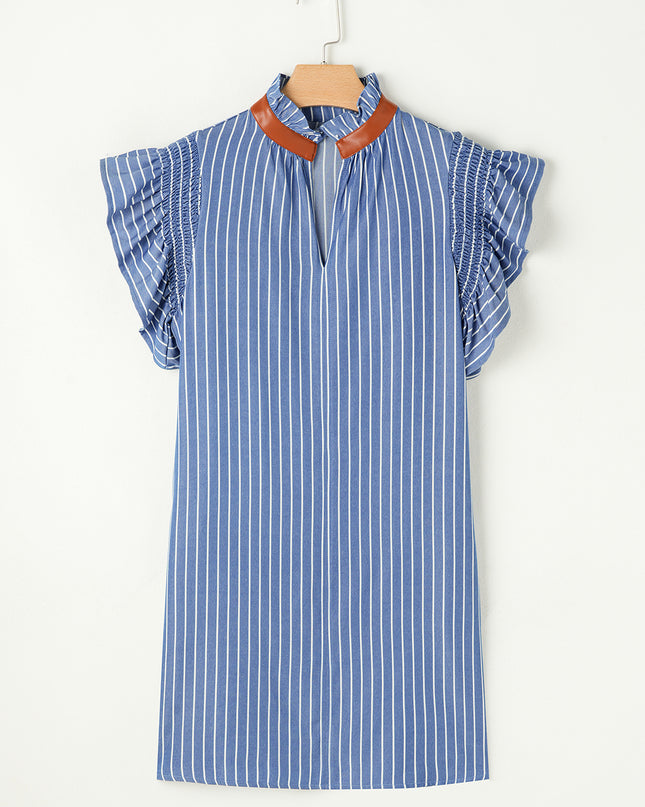 Sky Blue Stripe Frilly Split Neck Shirred Ruffle Sleeve Mini Shift Dress
