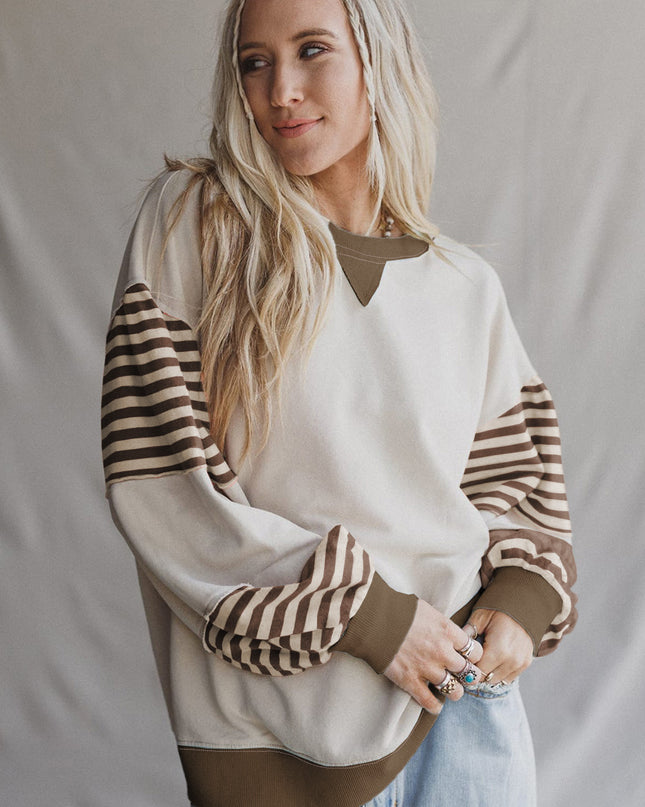 Delicacy Colorblock Patchwork Striped Sleeve Sweatshirt
