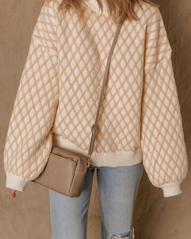 Smoke Gray Checkered Textured Knit Mock Neck Sweater