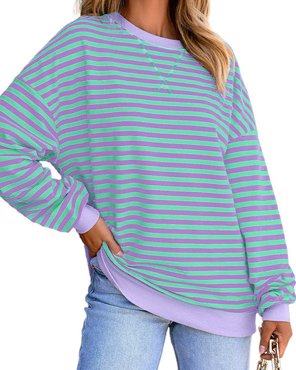 Blue Striped Contrast Trim Drop Shoulder Sweatshirt