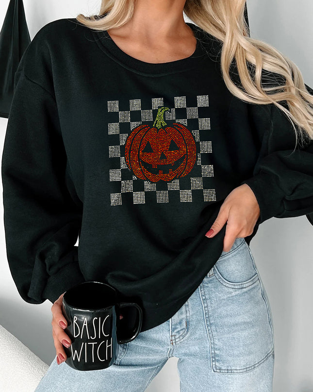 Black Rhinestone Jack-o-lantern Checkered Graphic Halloween Sweatshirt
