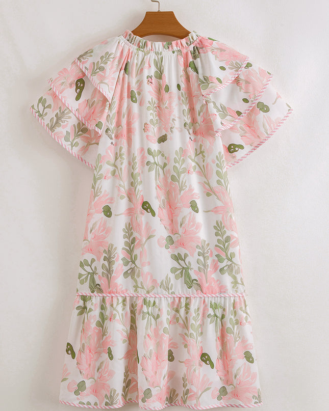 Orange Floral Contrast Edge Ruffle Sleeve Tie Neck Mini Dress