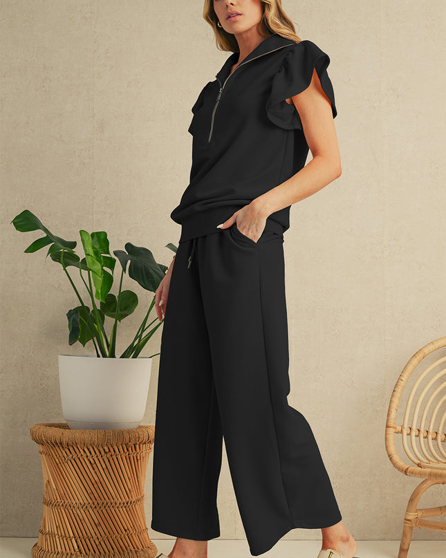 Beau Blue Textured Ruffle Sleeve Zipped Top and Wide Leg Pants Set