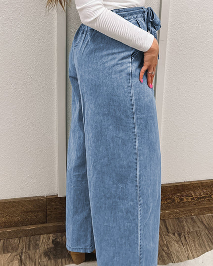 Beau Blue Vintage Washed Knot Belt Wide Leg Jeans