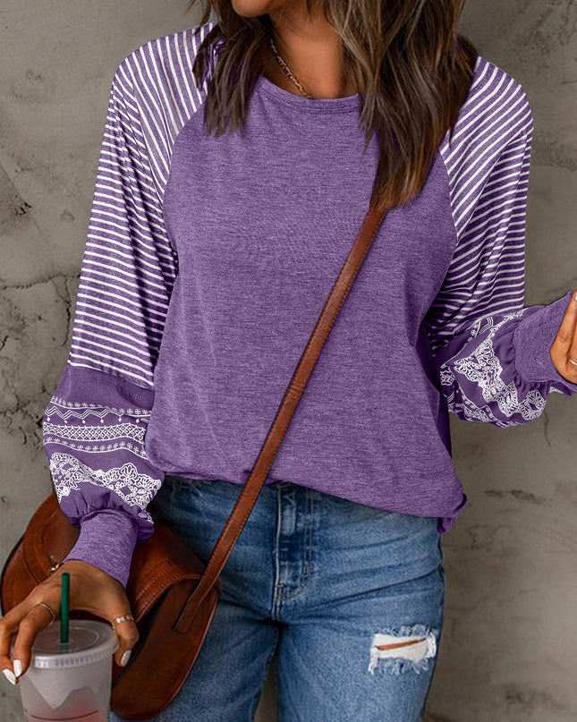 Rose Red Contrast Print Striped Raglan Long Sleeve Loose Top