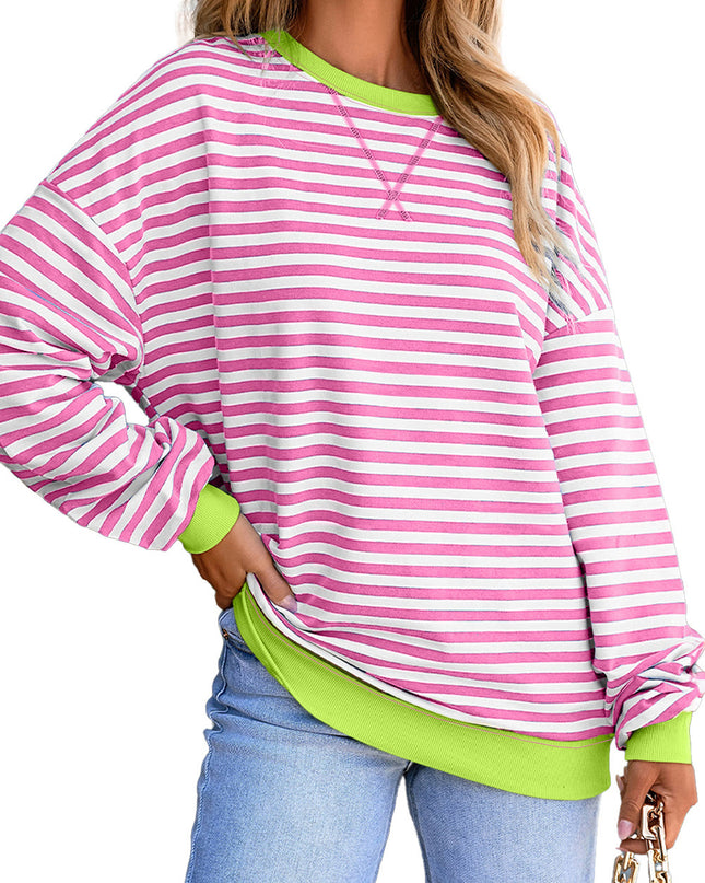 Blue Striped Contrast Trim Drop Shoulder Sweatshirt