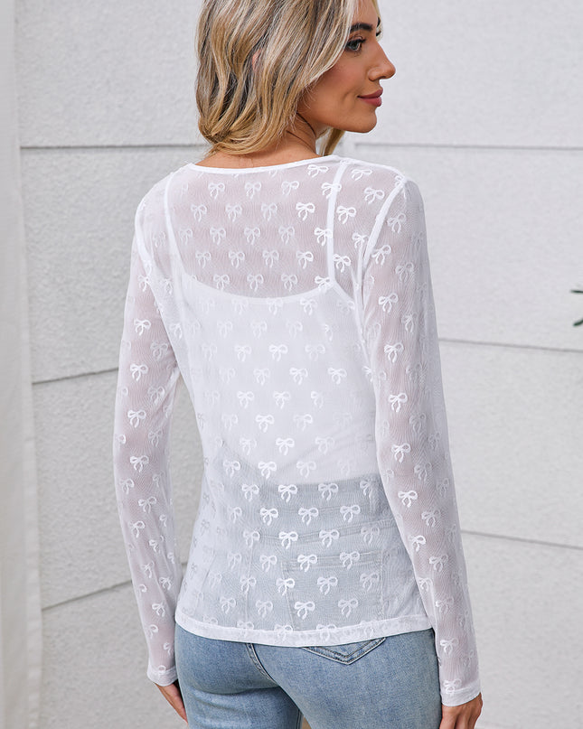 Black Bow Pattern Long Sleeve Slim Fit Mesh Top
