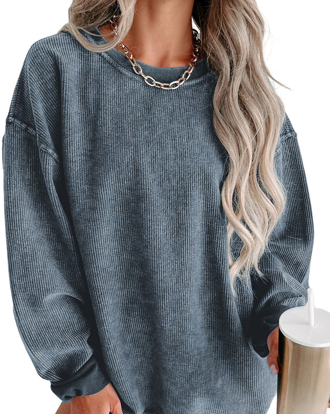 Green Ribbed Round Neck Drop Sleeve Pullover Sweatshirt