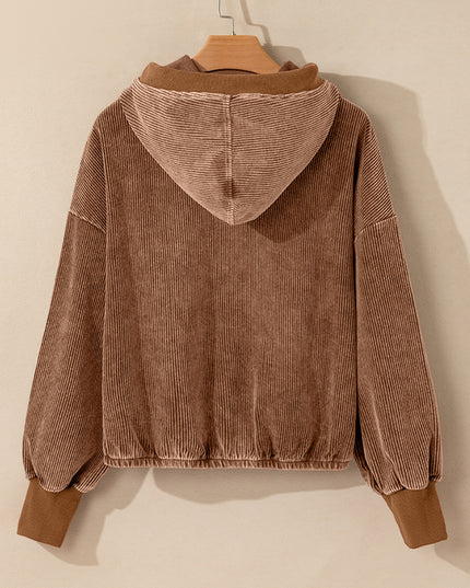 Chestnut Half Zipper Kangaroo Pocket Drawstring Corduroy Hoodie