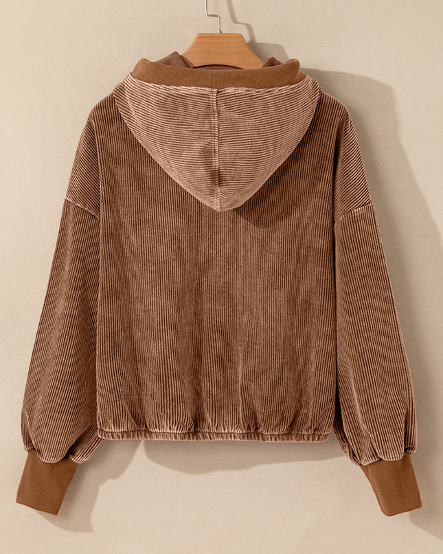 Chestnut Half Zipper Kangaroo Pocket Drawstring Corduroy Hoodie