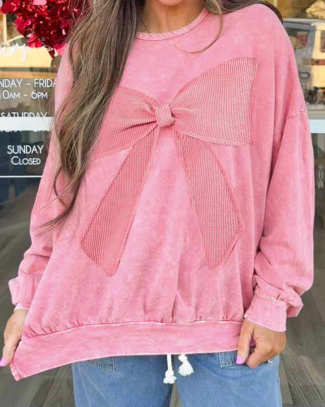 Bright Pink Mineral Wash Waffle Bow Patched Pullover Sweatshirt