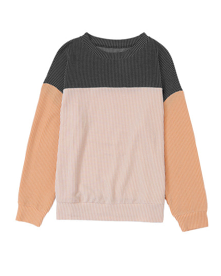 Multicolor Colorblock Ribbed Loose Long Sleeve Top