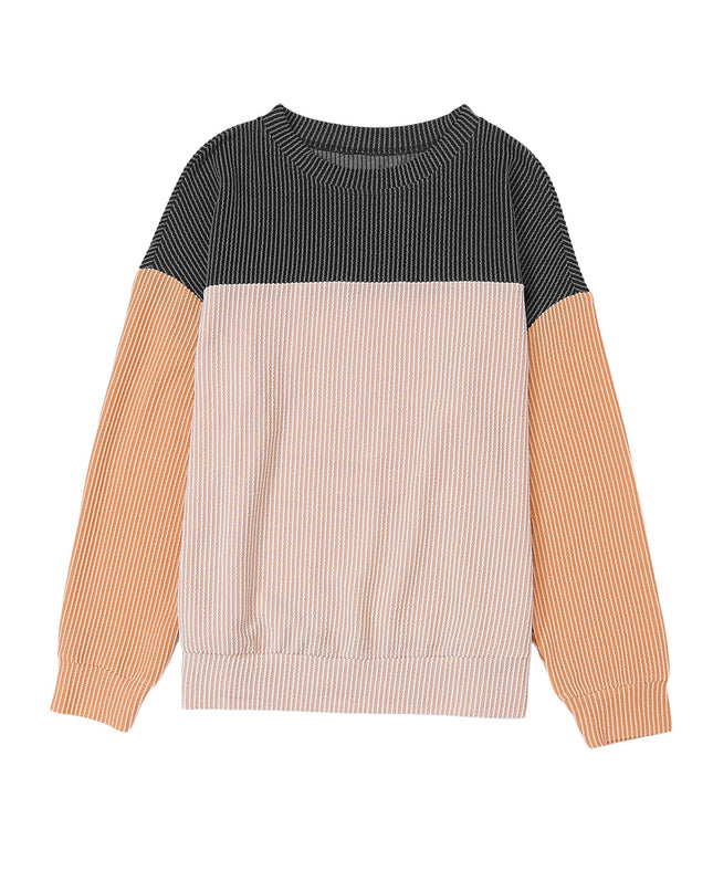 Multicolor Colorblock Ribbed Loose Long Sleeve Top