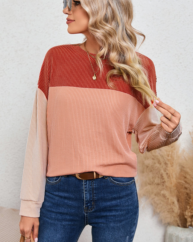 Multicolor Colorblock Ribbed Loose Long Sleeve Top