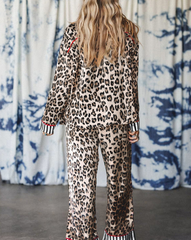 Khaki Leopard Print Colorblock Striped Patchwork Shirt and Pants Pajama Set