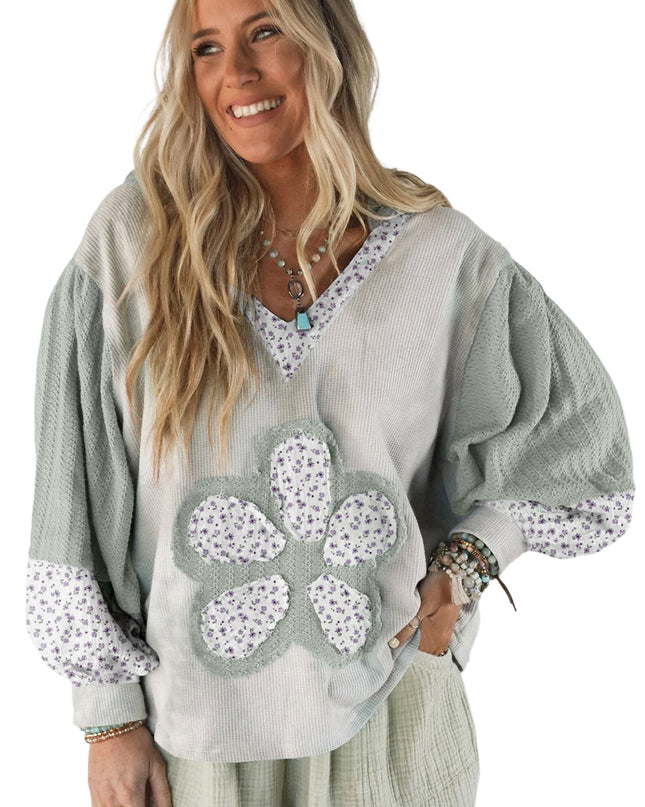 Beige Floral Textured Colorblock Patchwork Bishop Sleeve Hooded Top