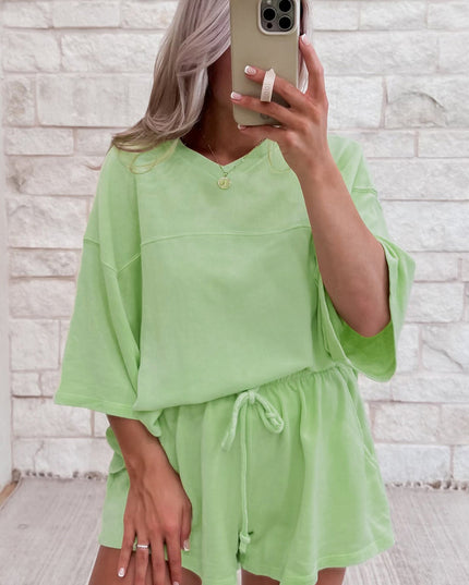 Bonbon Loose V Neck Tee and Drawstring Shorts Set