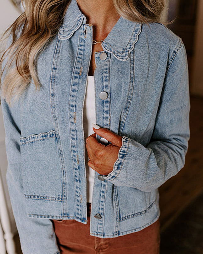 Myosotis Scallop Trim Collar Pocket Button Up Denim Jacket