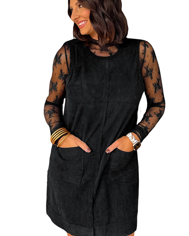 Black Corduroy Exposed Seam Sleeveless Mini Dress